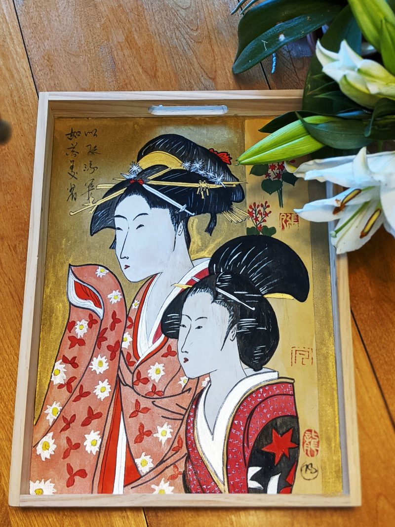 Watercolor Ukiyo-e on A Wood Tray