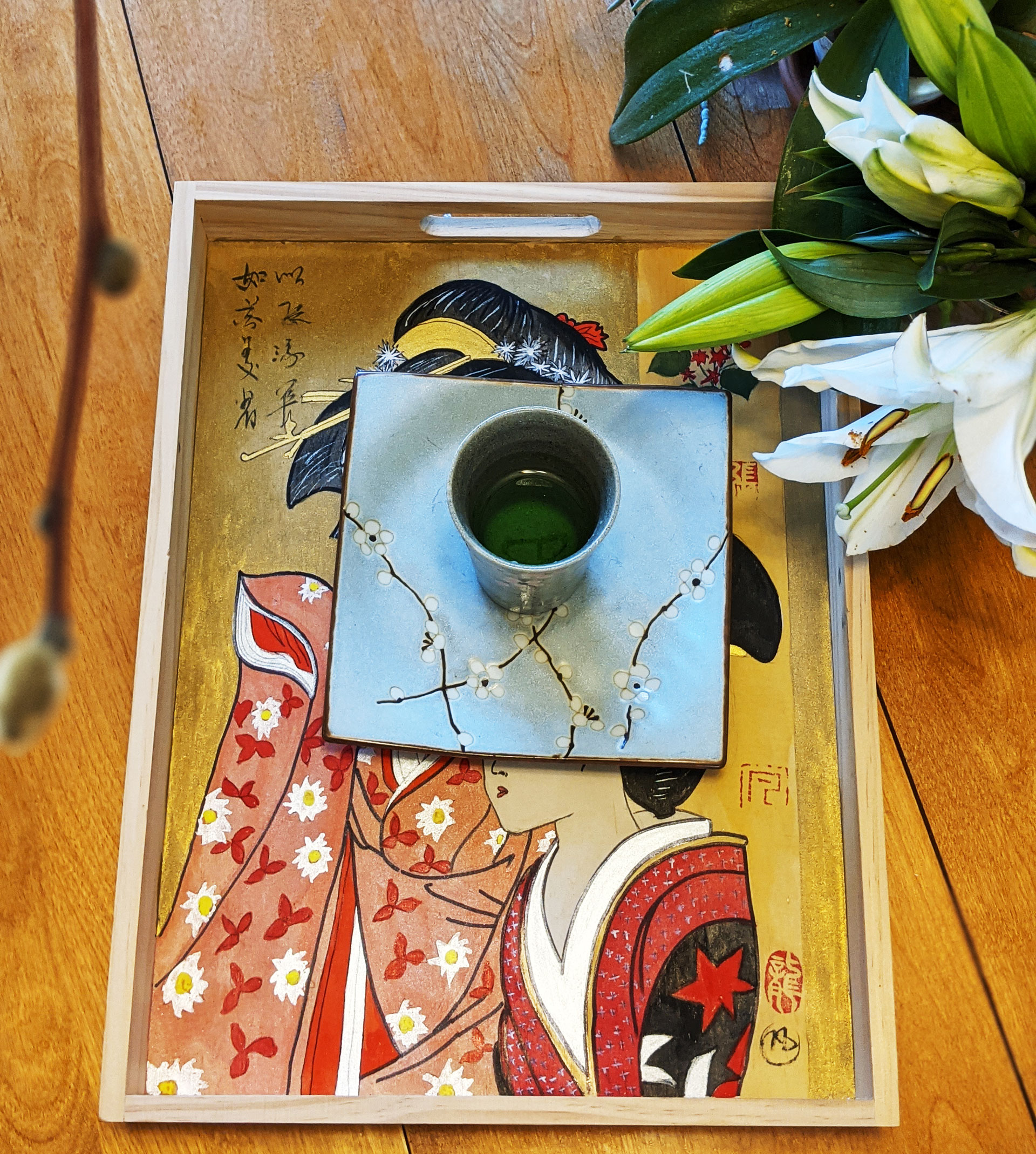 Watercolor Ukiyo-e on A Wood Tray