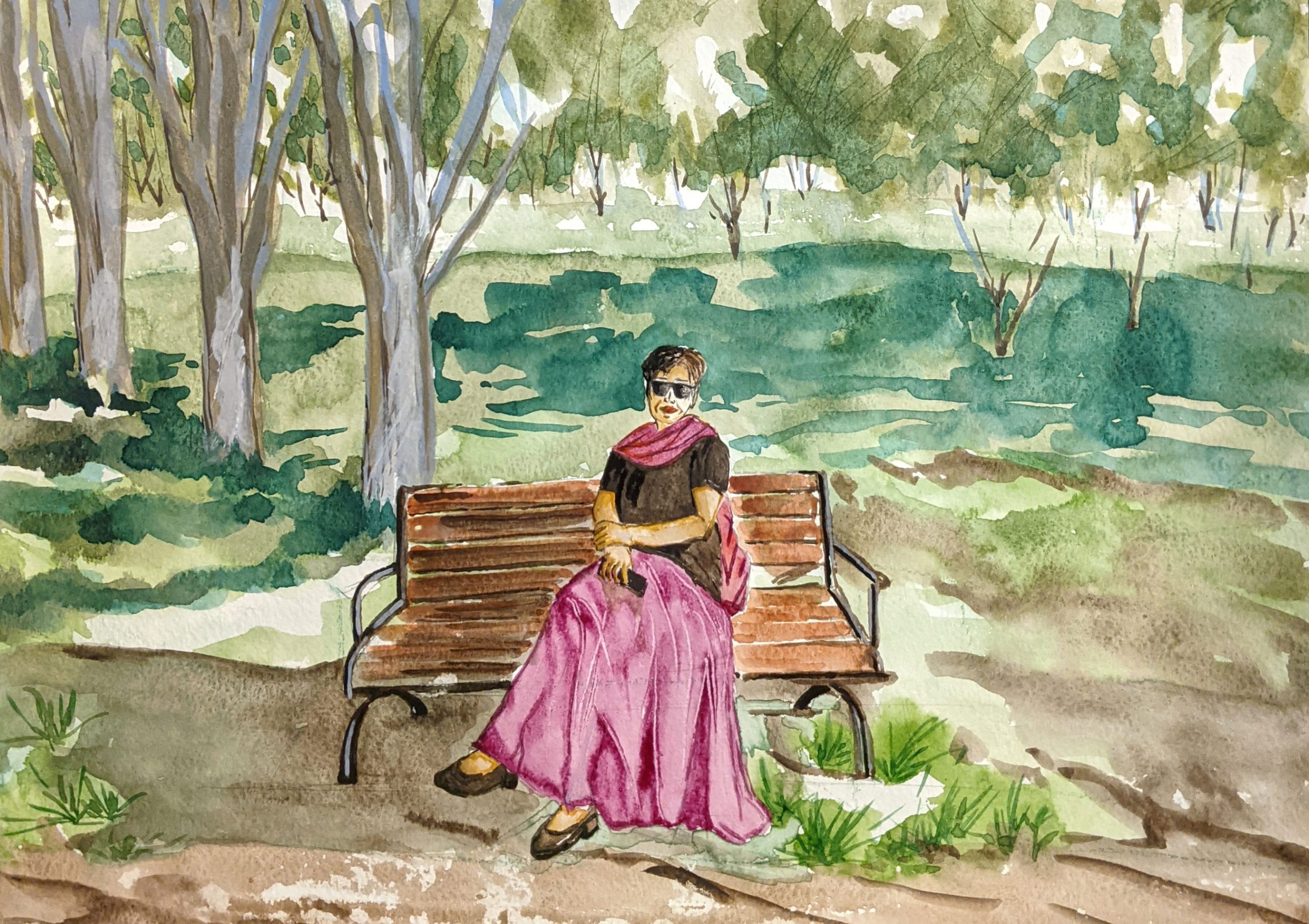 Lady in Pink Skirt Watercolor by Fan Stanbrough