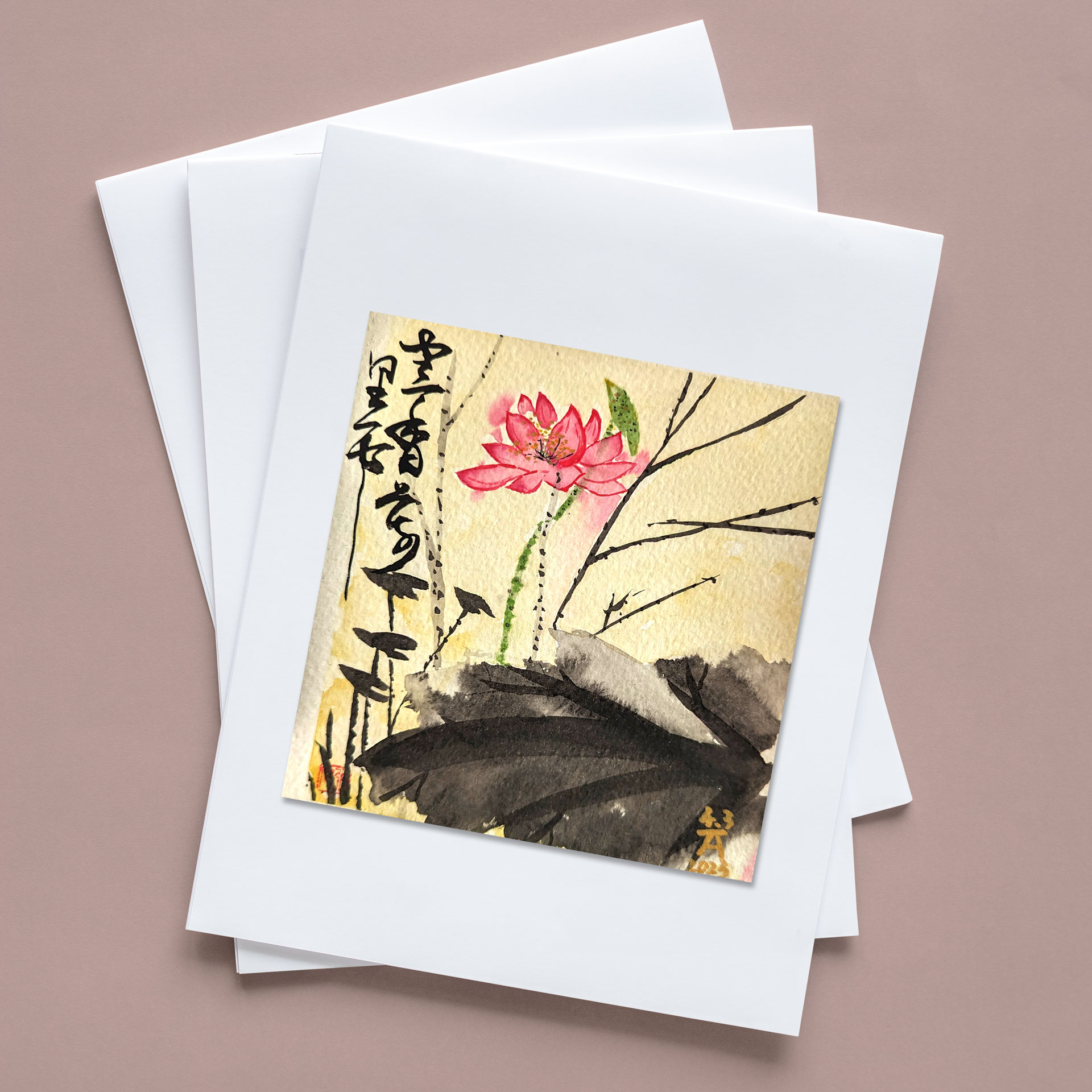 "Lotus" - Watercolor Greeting Card by Fan Stanbrough