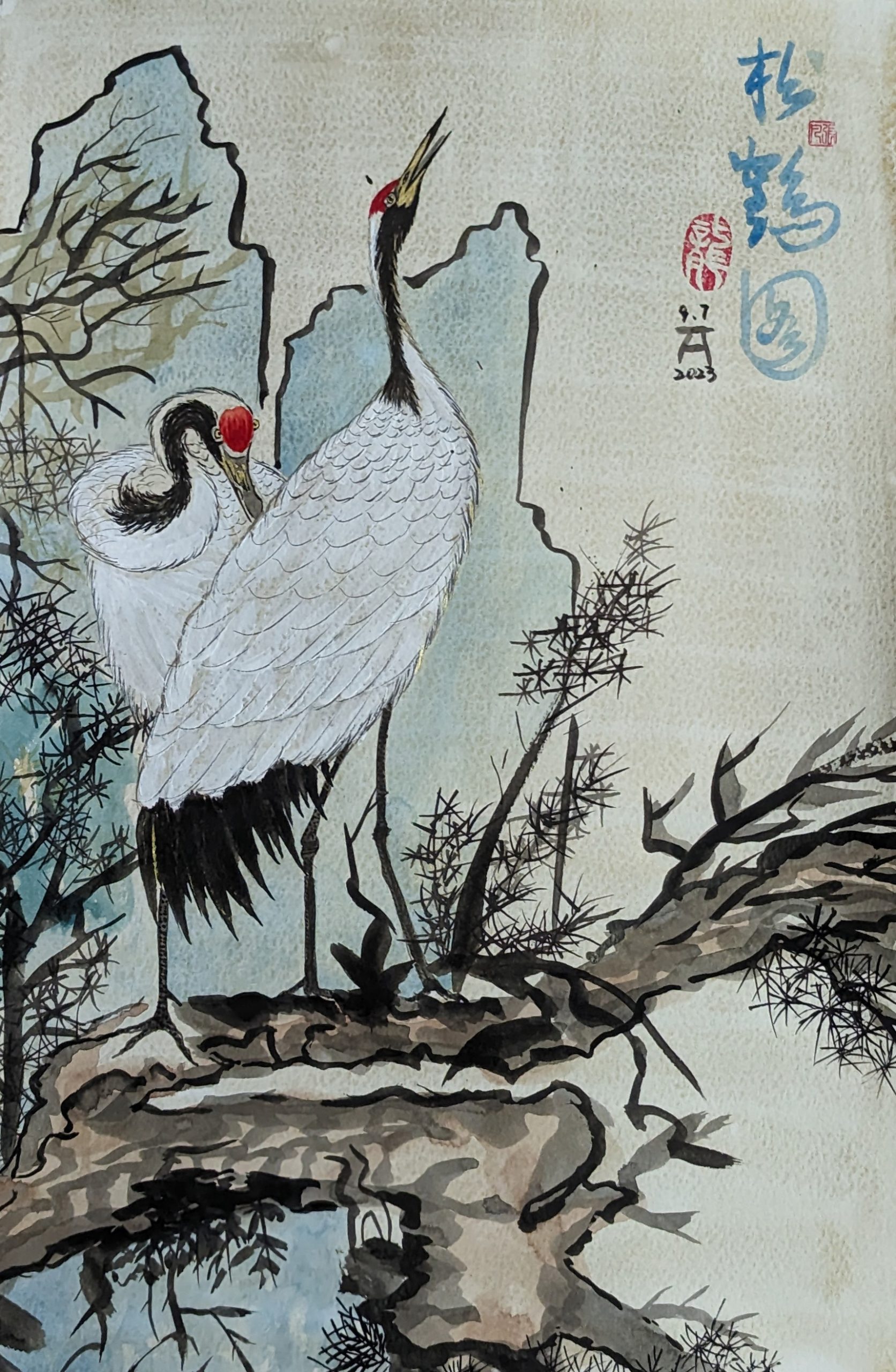 Cranes And Pine - Ming Dynasty Lin Liang (明代林良 松鹤图）by Fan Stanbrough