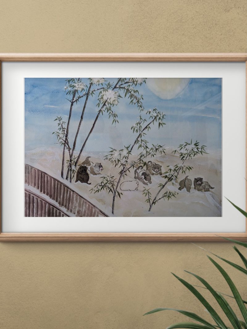 Reproduction of Maruyama Ōkyo's Puppies among Bamboo in Snow