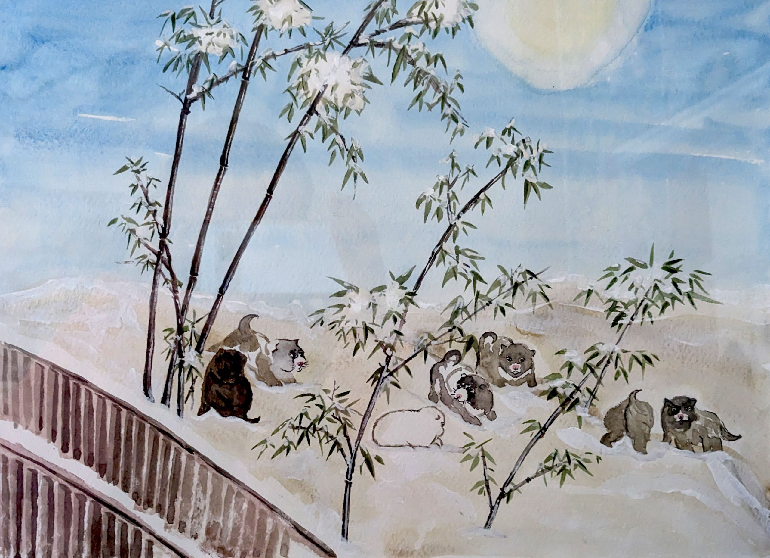 Reproduction of Maruyama Ōkyo's Puppies among Bamboo in Snow 